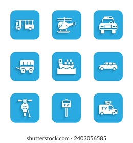 Set Cargo ship with boxes, Road traffic signpost, TV News car, Hatchback, Scooter, Wild west covered wagon, Police and flasher and Bus icon. Vector