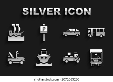 Coloque un icono de barco de carga, bus, camión de carga, remolque, espalda, barco de vela y estacionamiento. Vector