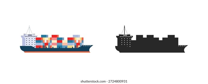 Conjunto de buque de carga con contenedores. Entrega, transporte de carga de envío. Comercio mundial y logística. Importación, exportación aislada sobre fondo blanco.