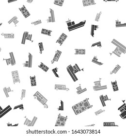 Set Cargo ship, Double decker bus, Fishing boat and School Bus on seamless pattern. Vector