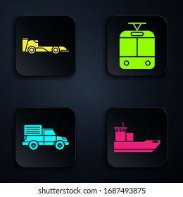Set Cargo Schiff, Formel Rennwagen, Lieferung Lastkraftwagen und Tram und Eisenbahn. Schwarze Quadrat-Taste. Vektorillustration