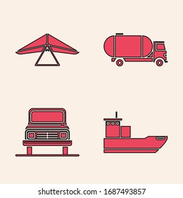 Set Cargo Schiff, Hang Gleiter, Tanker LKW und Auto Symbol. Vektorillustration