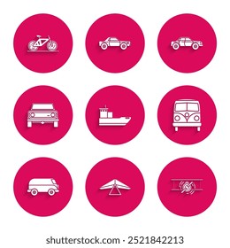 Set Cargo ship, Hang glider, Old retro vintage plane, Retro minivan, Off road car, Sedan and Bicycle icon. Vector