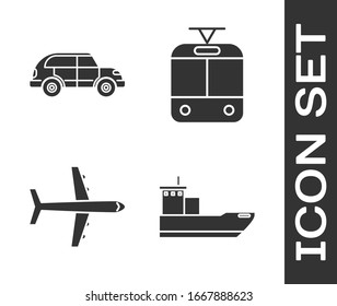 Set Cargo ship, Hatchback car, Plane and Tram and railway icon. Vector