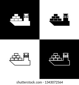 Set Cargo ship icons isolated on black and white background. Line, outline and linear icon. Vector Illustration