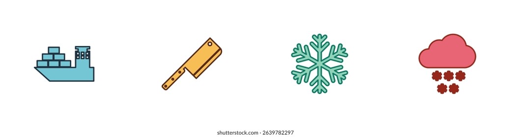 Set Cargo ship, Meat chopper, Snowflake and Cloud with snow icon. Vector
