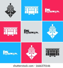 Fije el buque Cargo, el tranvía de la ciudad vieja y el icono de camión de carrera de Fórmula. Vector