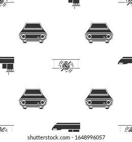 Legen Sie Frachtschiff, alte Retro-Vintage-Ebene und Auto auf nahtlose Muster. Vektorillustration