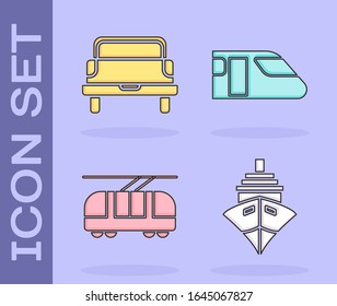 Set Cargo ship, Pickup truck, Tram and railway and Train icon. Vector