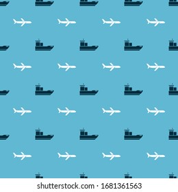 Set Cargo ship and Plane on seamless pattern. Vector
