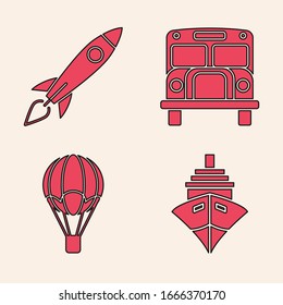 Set Cargo ship, Rocket ship with fire, School Bus and Hot air balloon icon. Vector