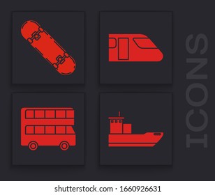 Coloque el icono de barco de carga, patineta, tren y bus de dos pisos. Vector
