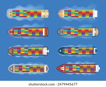 Set of cargo ship top view, cargo ship container in the ocean above view, transportation, logistics or international shipping concept, Sea transportation vehicle. Transport boat, vector illustration.