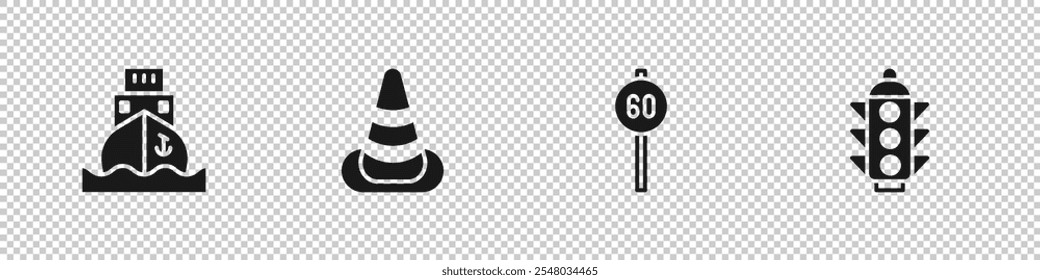 Set Cargo ship, Traffic cone, Speed limit traffic and light icon. Vector