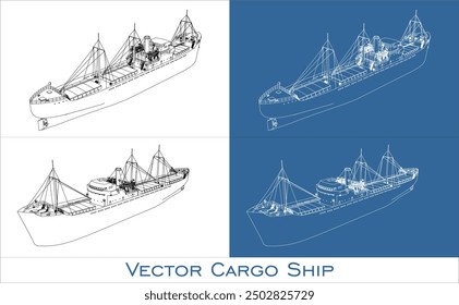 Set cargo ship Worldwide. Blueprint and wireframe mesh art. Transportation, logistic, shipping concept illustration with all side isolated on a transparent background.