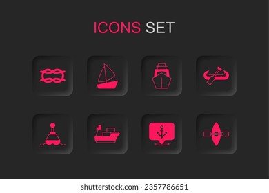 Set Cargo ship, Yacht sailboat, Nautical rope knots, Anchor, Kayak and paddle,  and Floating buoy icon. Vector