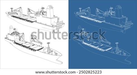 Set cargo shipping or container ship business. Logistic freight transportation blueprint or wireframe outline. Vector illustration template with all sides 