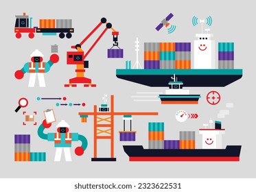 Set of Cargo Shipping Humanoids Flat Geometric Character Design