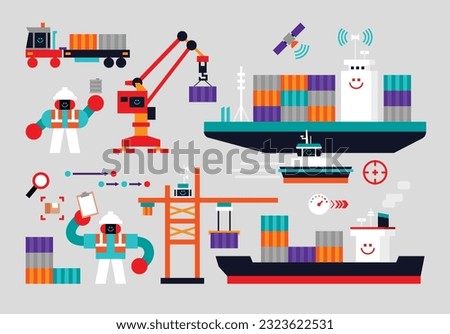 Set of Cargo Shipping Humanoids Flat Geometric Character Design