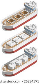 Set of cargo ships. Isometric. Isolated on white background. Vector illustration.