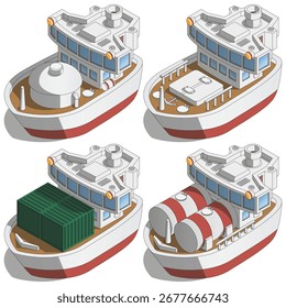 Set of cargo ships. Isometric. Isolated on white background. Vector illustration.