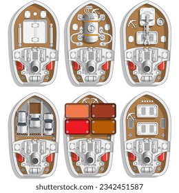 Set of cargo ships. View from above. Isolated on white background. Vector illustration.