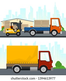 Set of Cargo and Storage Services, Warehouse and Forklift Truck and Lorry with Boxes , Small Covered Truck on the Road , Shipping and Freight of Goods, Vector Illustration