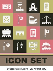 Set Cargo train wagon, Cafe and restaurant location, Railway, station, Railroad crossing, Train ticket and High-speed icon. Vector