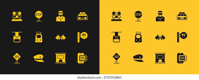 Set Cargo train wagon, Train driver hat, Flag, Ticket office to buy tickets, and railway, conductor, End tracks and Stop sign icon. Vector