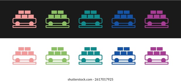 Set Cargo train wagon icon isolated on black and white background. Full freight car. Railroad transportation.  Vector