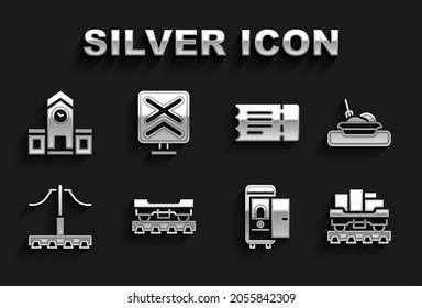 Set Cargo train wagon, Plate with food, Toilet the car, Railway, Train ticket, station and Railroad crossing icon. Vector