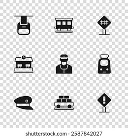 Set Cargo train wagon, Train and railway, Exclamation mark square, conductor, Railroad crossing, Cable car, Passenger cars and Railway station icon. Vector