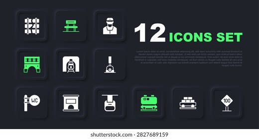 Set Cargo train wagon, Speed limit traffic sign 100 km, Train railway tunnel, Oil cistern, Bridge for, Ticket office to buy tickets, Waiting hall and Cable car icon. Vector