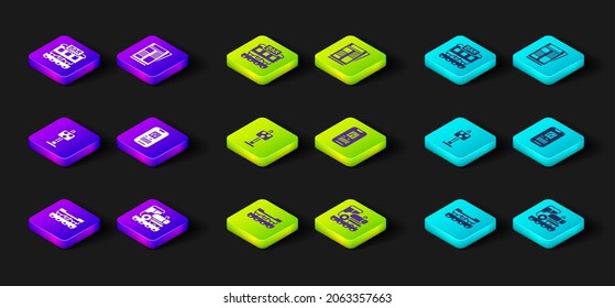 Set Cargo train wagon, Vintage locomotive, Train traffic light, E-ticket, News and Restaurant icon. Vector