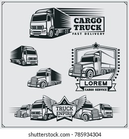 Set of cargo truck and delivery vehicle. Cargo track emblems, labels, badges and design elements.