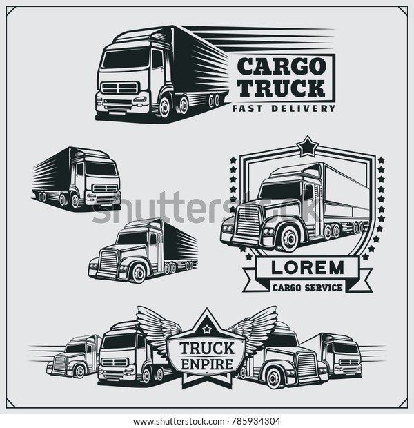 Set of cargo truck and\
delivery vehicle. Cargo track emblems, labels, badges and design\
elements.