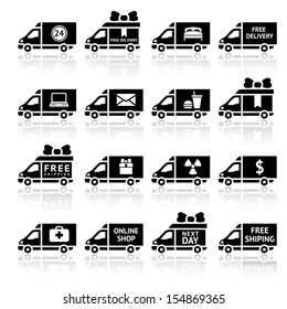 Set of Cargo trucks black icons