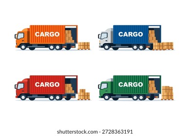 Conjunto de camiones de carga con contenedores y cajas, que representan el transporte de carga, la entrega logística, el servicio de envío, la distribución de almacén y la ilustración de transporte comercial.
