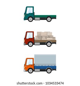 Set of Cargo Trucks Isolated on White, Green Lorry without Load, Car with Boxes, Small Closed Truck, Transportation and Logistics, Delivery Services, Vector Illustration