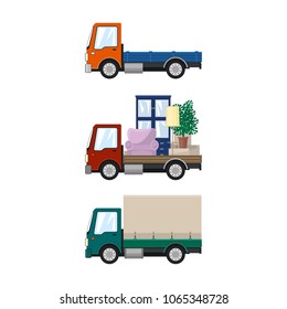 Set of Cargo Trucks Isolated, Orange Lorry without Load, Car with Furniture, Green Small Closed Truck, Transport and Logistics, Delivery Services, Vector Illustration