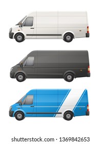 Set of Cargo Van blank vector template of white blue black colors. Mockup Template for Branding and Corporate identity design on Cargo Van. Realistic transport mock up 