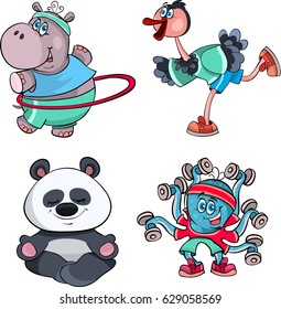 Set of caricature animals doing exercises