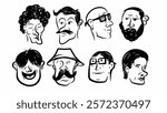 Set of caricature faces in black and white with diverse expressions and styles, perfect for editorial use, comics, and creative vector design illustration