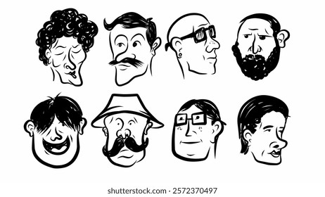 Set of caricature faces in black and white with diverse expressions and styles, perfect for editorial use, comics, and creative vector design illustration