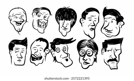 set of caricature faces, cartoon style vector design with unique and exaggerated expressions, perfect for humor, comics, and creative projects