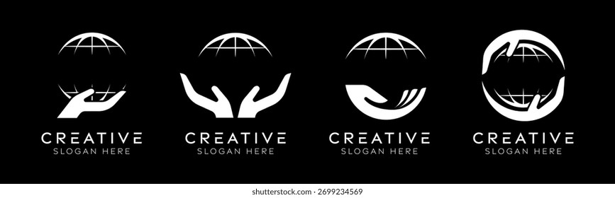 Conjunto de cuidado para os modelos de design de logotipo da terra. Globo isolada moderna com design de mão para reciclagem, meio ambiente e recuperação.