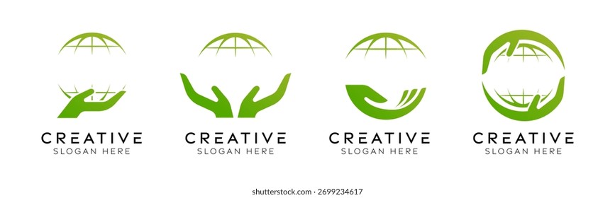 Set of caring for the earth logo design templates. Modern isolated globe with hand design for recycling, environment and recovery.