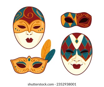 Set of carnaval masks. Costumes elements for masquerade. Party and event, dance. Entertainment and fun. TEmplate and mock up. Cartoon flat vector collection isolated on white background