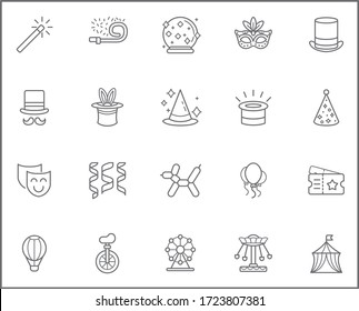 Set of carnival and amusement park Icons line style. It contains such Icons as circus, magic, party, festival, decoration, fair, rides and other elements.