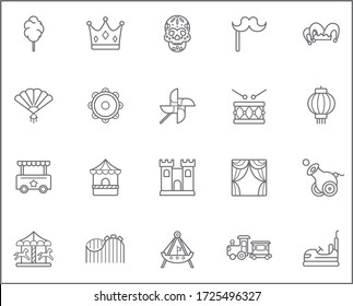 Set of carnival and amusement park Icons line style. It contains such Icons as circus, magic, party, festival, decoration, fair, rides, playground and other elements.